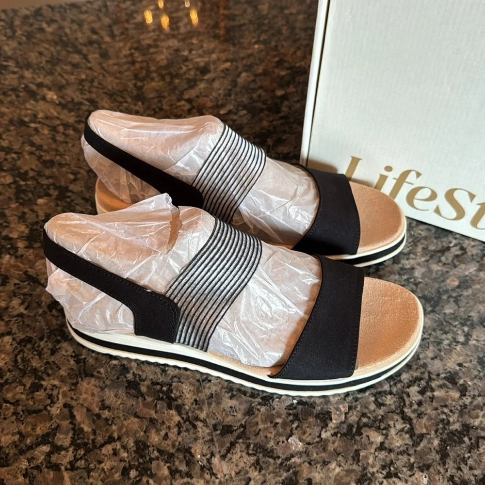 LifeStride Zing open toe wedge black micron NIB 8.5W